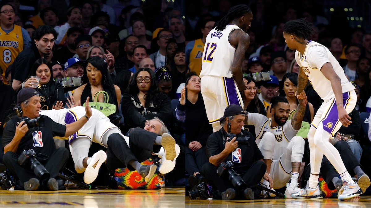 D'Angelo Russell #1 of the Los Angeles Lakers is helped up by his teammates Taurean Prince #12 and Jaxson Hayes #11 of the Los Angeles Lakers