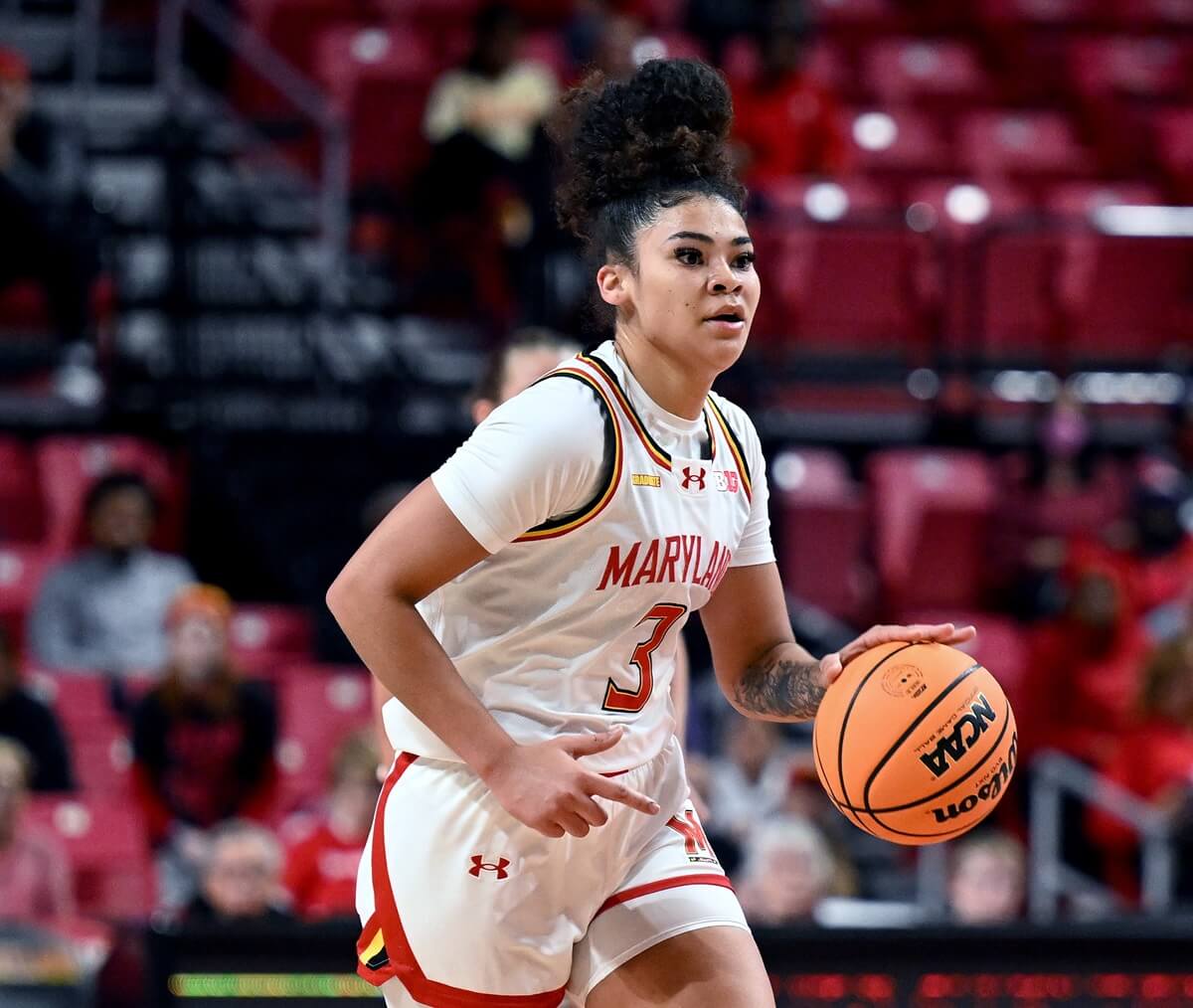 Lavender Briggs of the Maryland Terrapins handles the ball against the Syracuse Orange