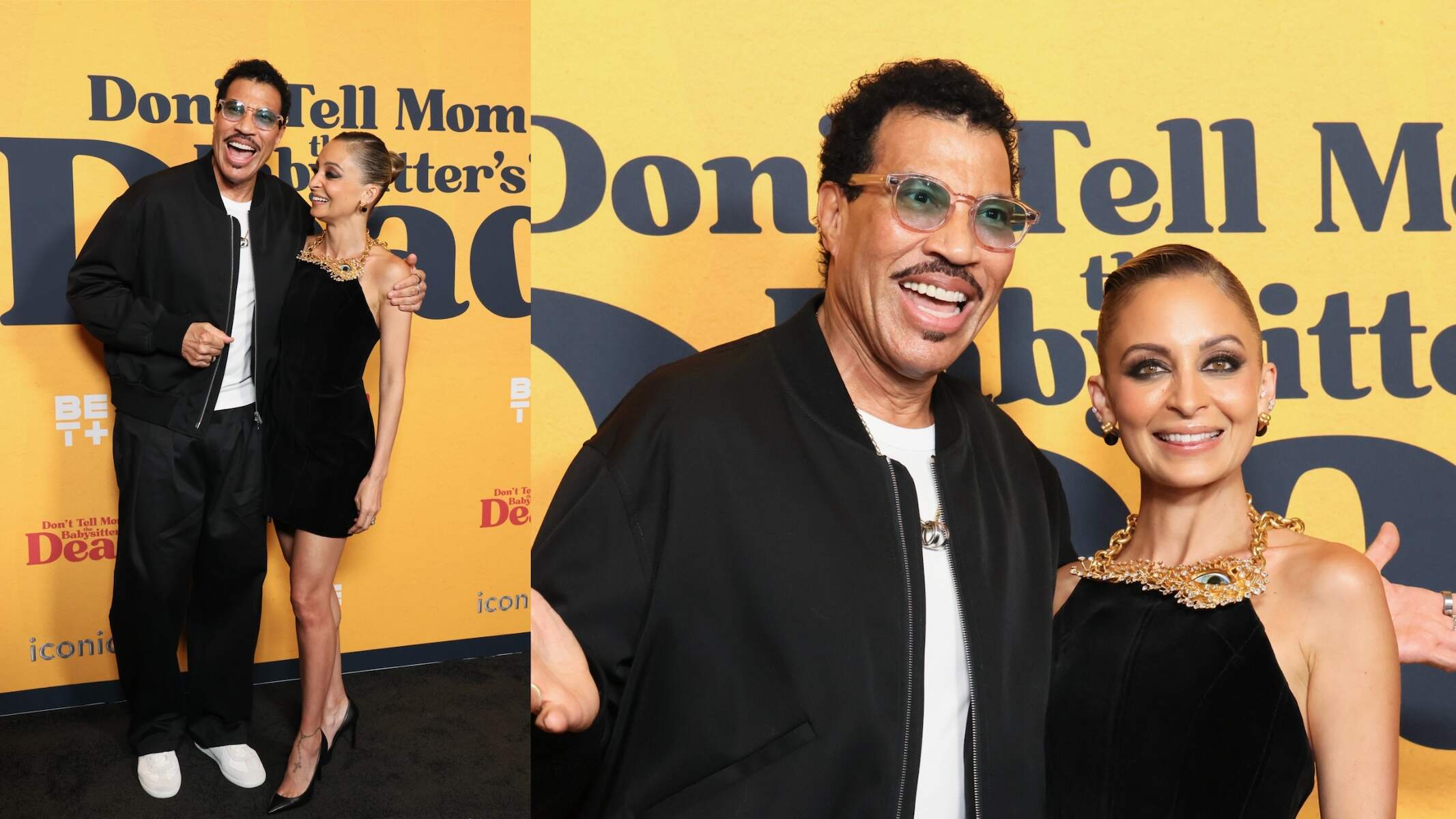 Nicole Richie and Lionel Richie laugh together on the red carpet at the 'Don't Tell Mom the Babysitter's Dead' premiere