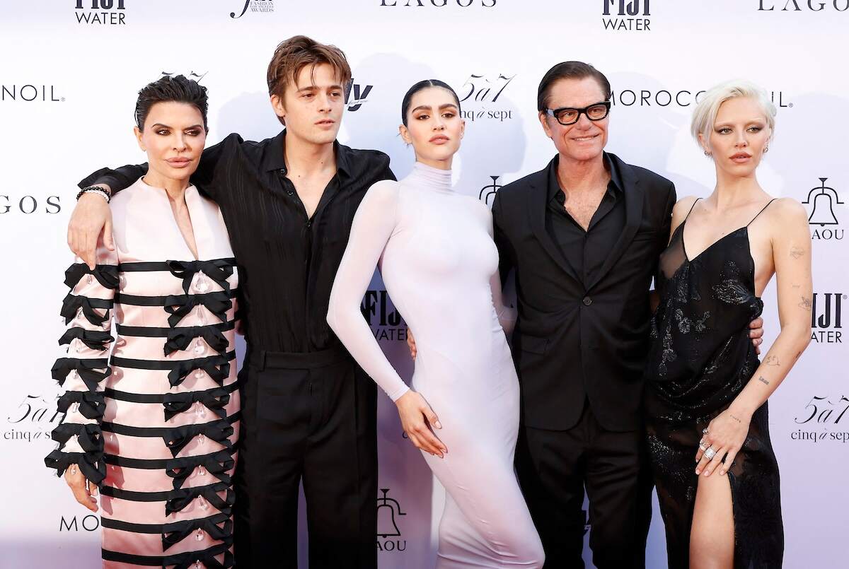 The Rinna-Hamlin family, Lisa Rinna, Henry Eikenberry, Amelia Gray, Harry Hamlin, and Delilah Belle, pose on the red carpet together in formalwear
