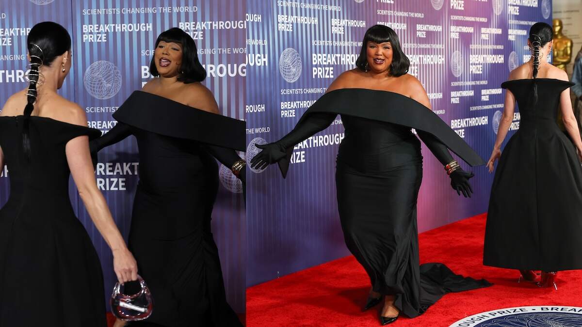 Singers Katy Perry and Lizzo greet each other at the 10th Annual Breakthrough Prize Ceremony