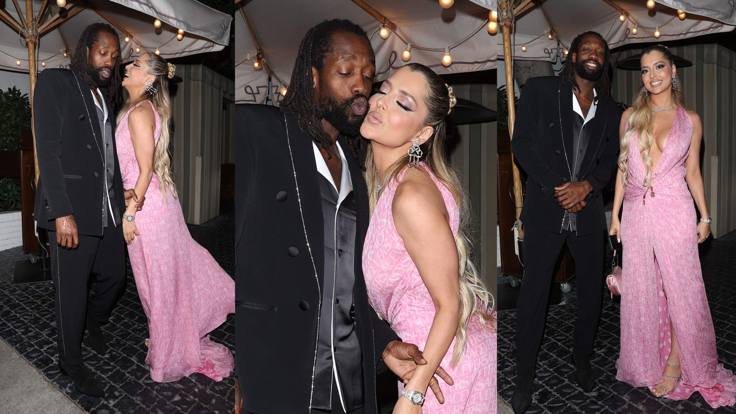 NBA player Patrick Beverley and girlfriend Mandana Bolourchi, wearing a pastel pink gown, pose together for a photo before her 30th birthday