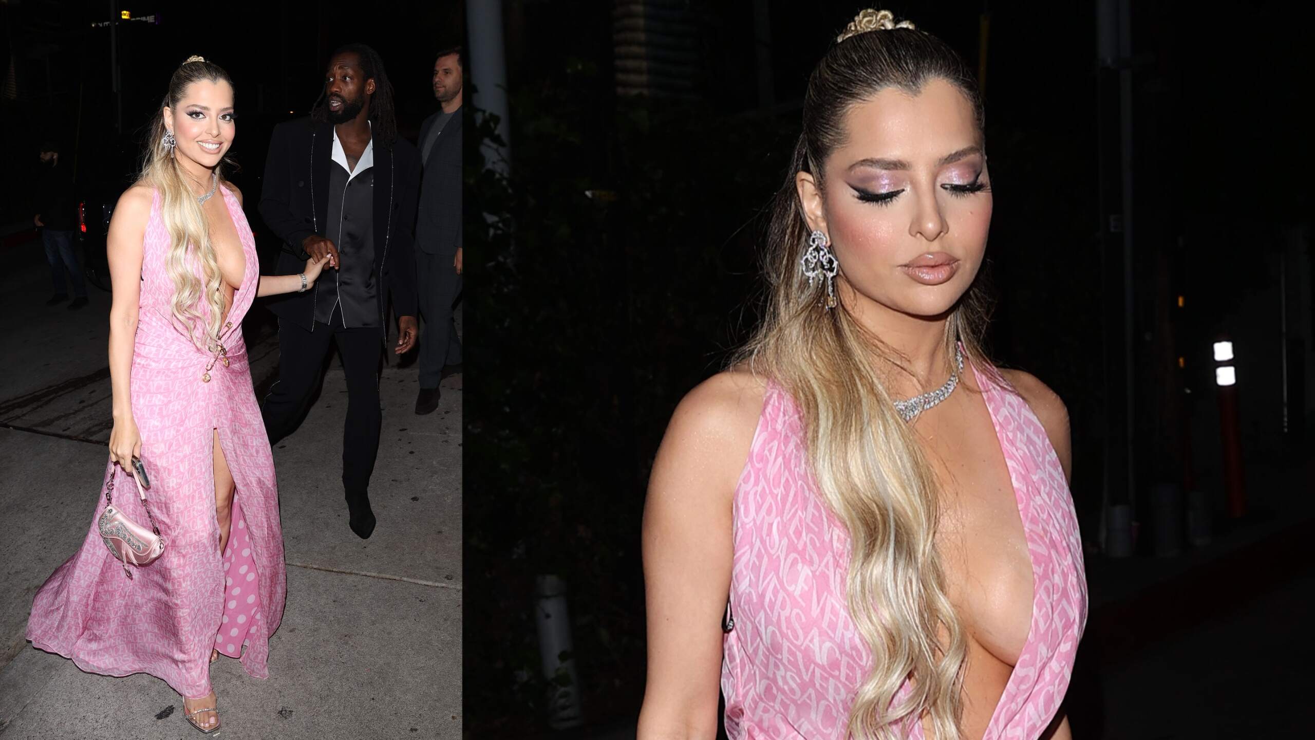 NBA player Patrick Beverley and girlfriend Mandana Bolourchi, wearing a pastel pink gown, pose together for a photo before her 30th birthday