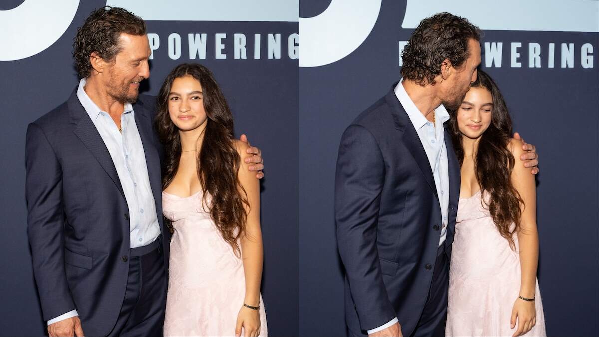 Actor Matthew McConaughey kisses his daughter Vida McConaughey on the forehead