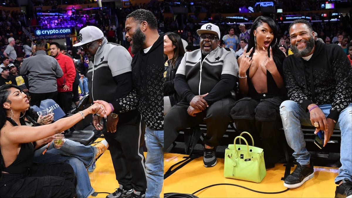 Actor Anthony Anderson, Megan Thee Stallion, and Cedric the Entertainer greet each other at a Lakers game