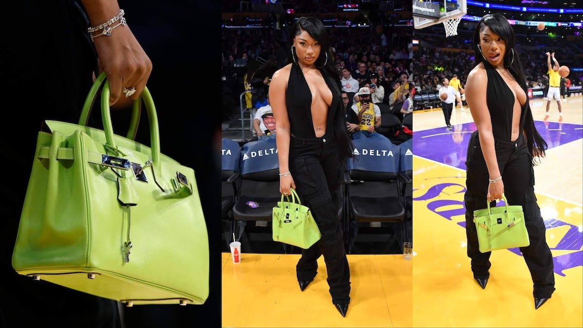 Rapper Megan Thee Stallion holding her Birkin bag arrives to attend a Lakers game