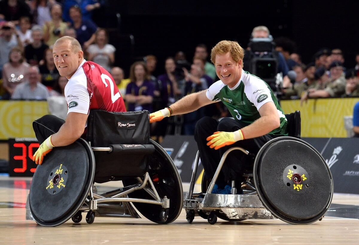 Mike Tindall and Prince Harry in action today during an exhibition match of wheelchair rugby at the Invictus Games