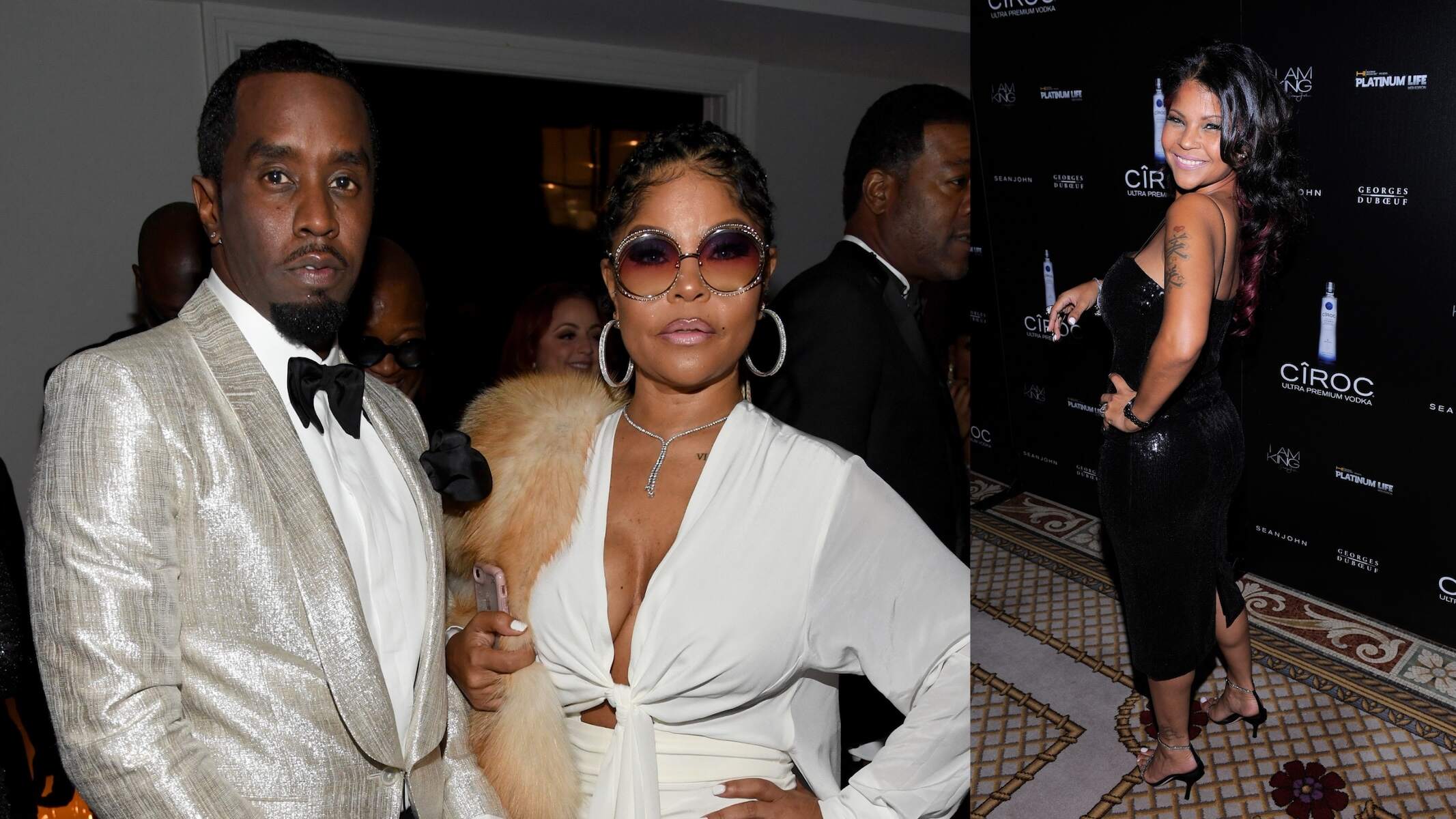 A photo of Diddy and Misa Hylton in white formalwear alongside a photo of Misa smiling in a black dress
