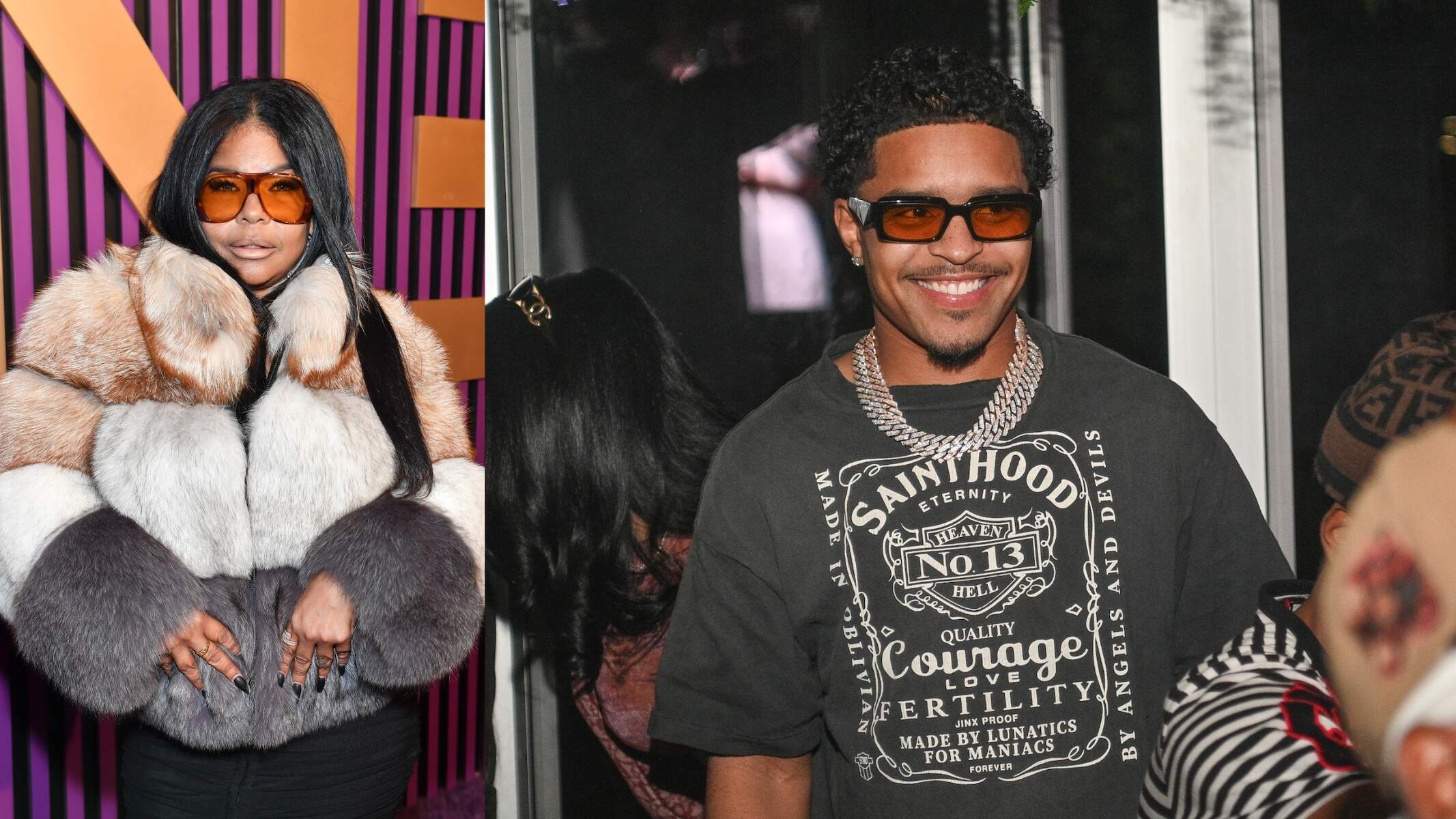 A photo of Misa Hylton in a fur coat alongside a photo of Justin Combs in a black tee shirt