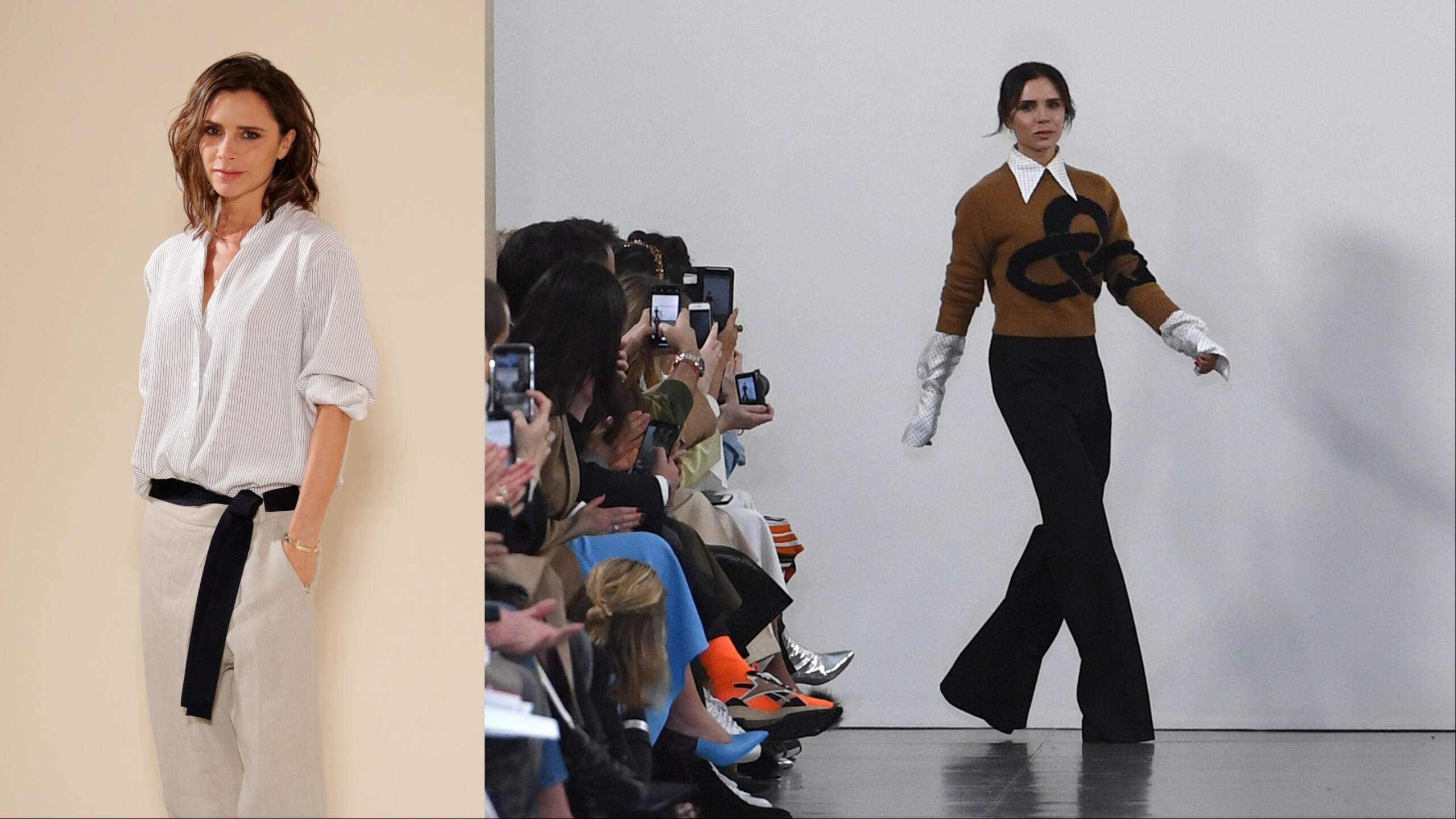 Victoria Beckham walks the runway at the Victoria Beckham fashion shows, wearing neutral colors
