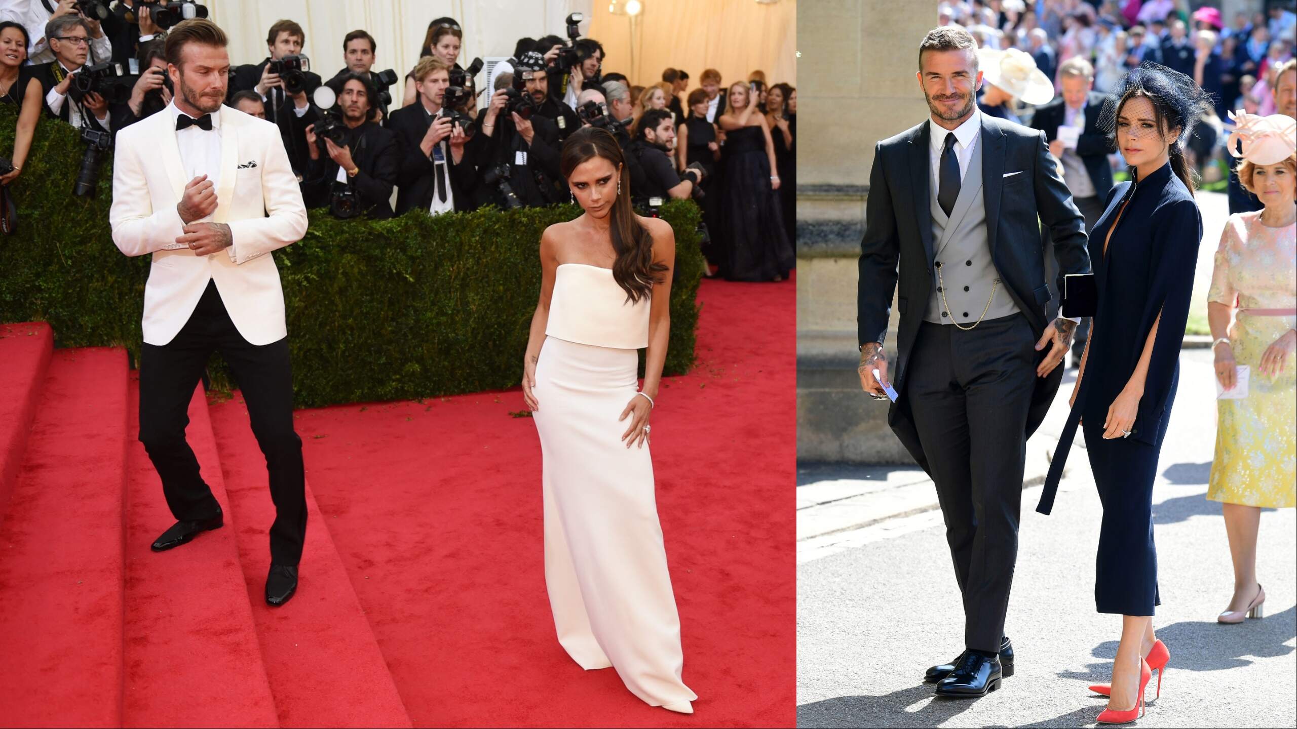 Married couple David Beckham and Victoria Beckham attend the Met Gala 2014 and the royal wedding of Prince Harry and Meghan Markle
