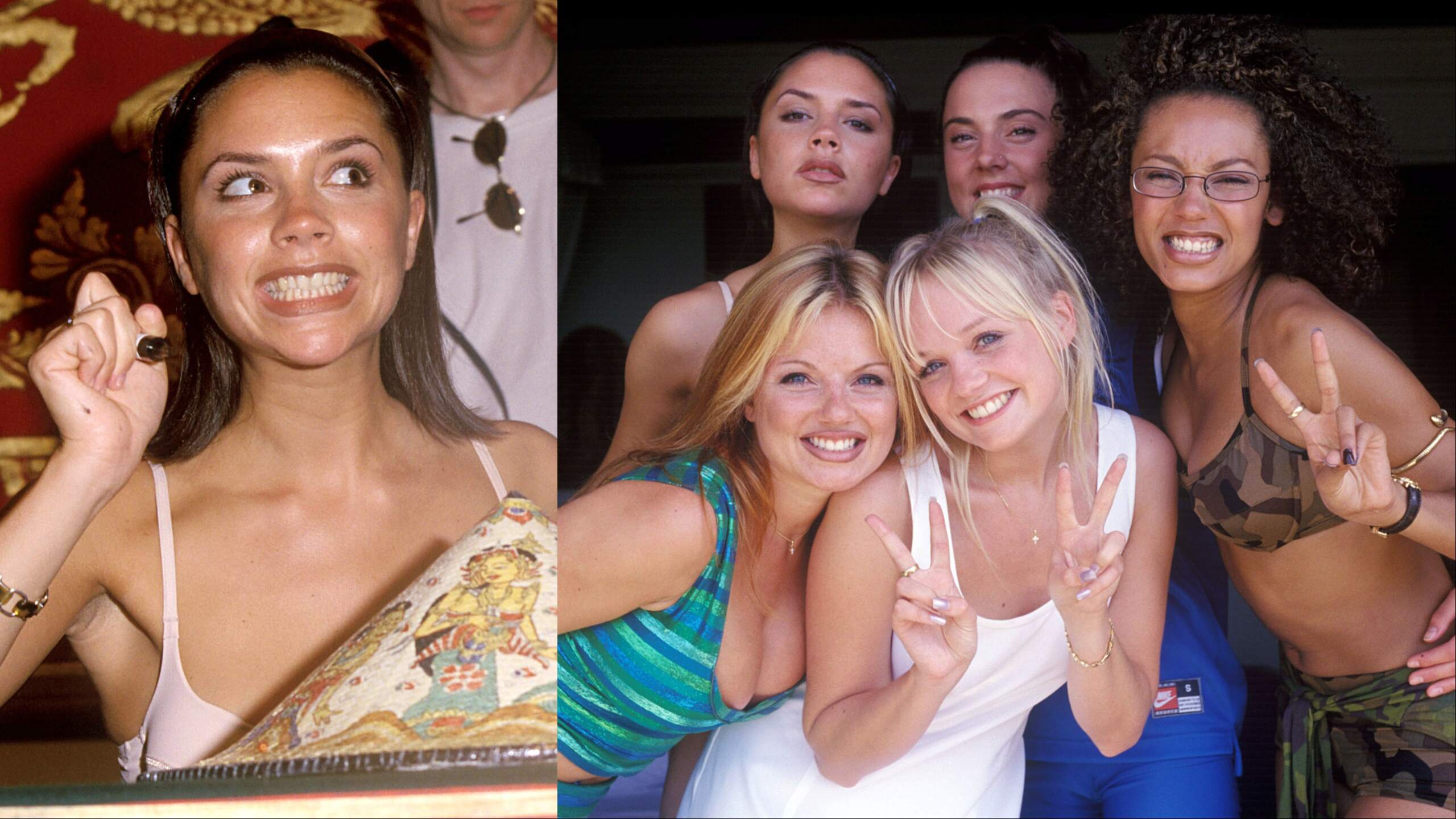 Spice Girls Victoria Beckham, Geri Halliwell, Melanie Brown, Emma Bunton, and Melanie Chisholm pose for photos in Bali in 1997