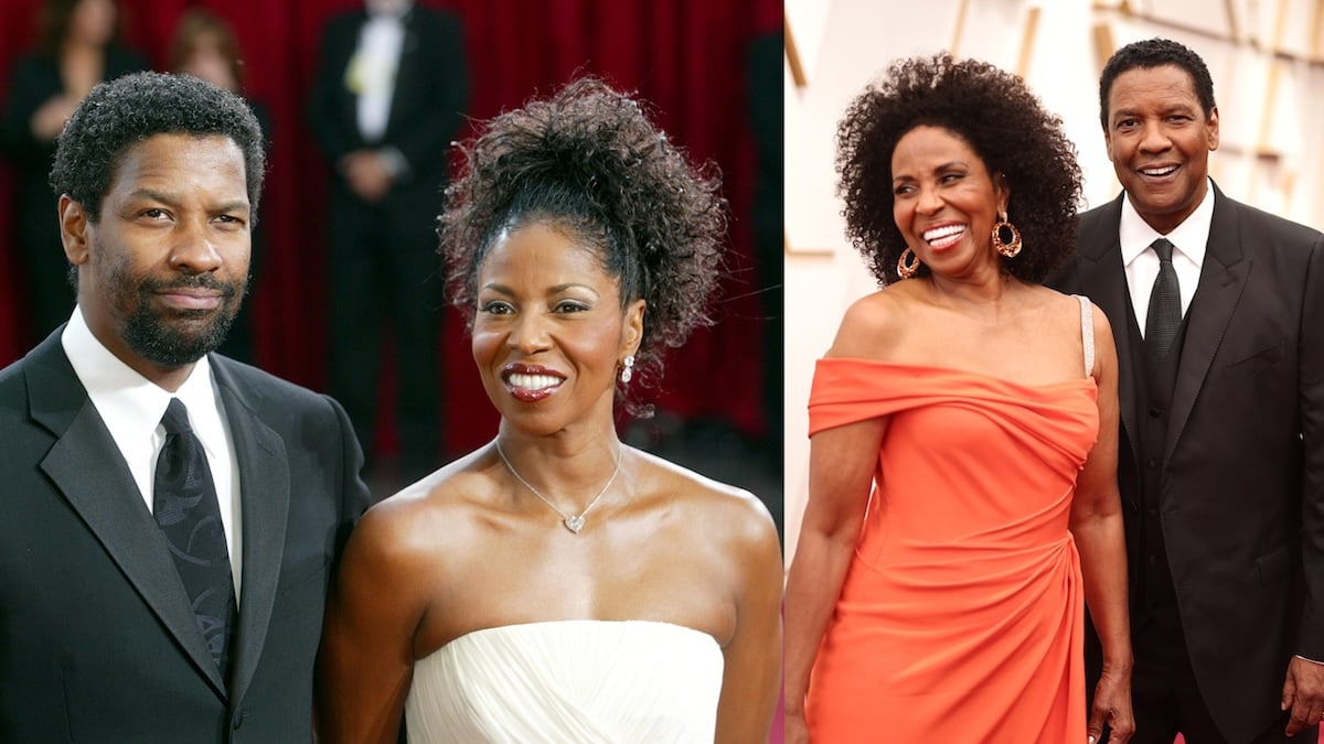 Two photos of actor Denzel Washington and wife Pauletta Washington standing on the red carpet at the Academy Awards