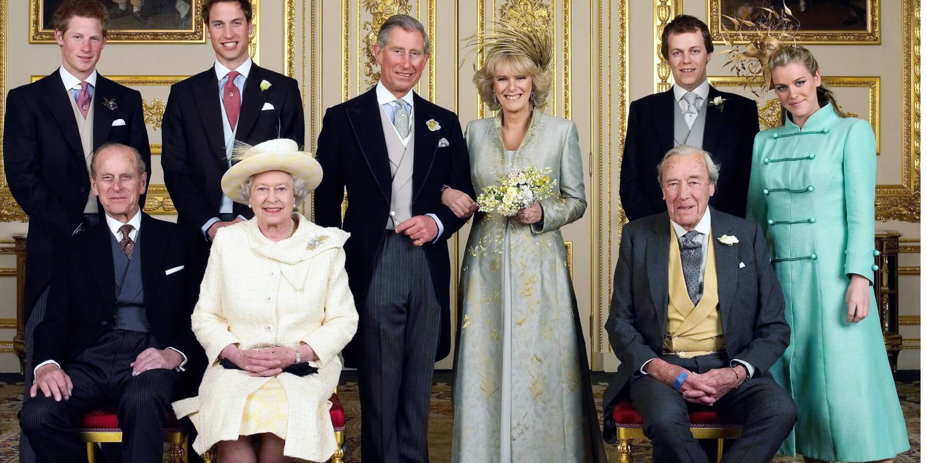 King Charles, Camilla Parker Bowles, Prince Harry, Prince William, Tom and Laura Parker Bowles, Prince Philip and Queen Elizabeth.