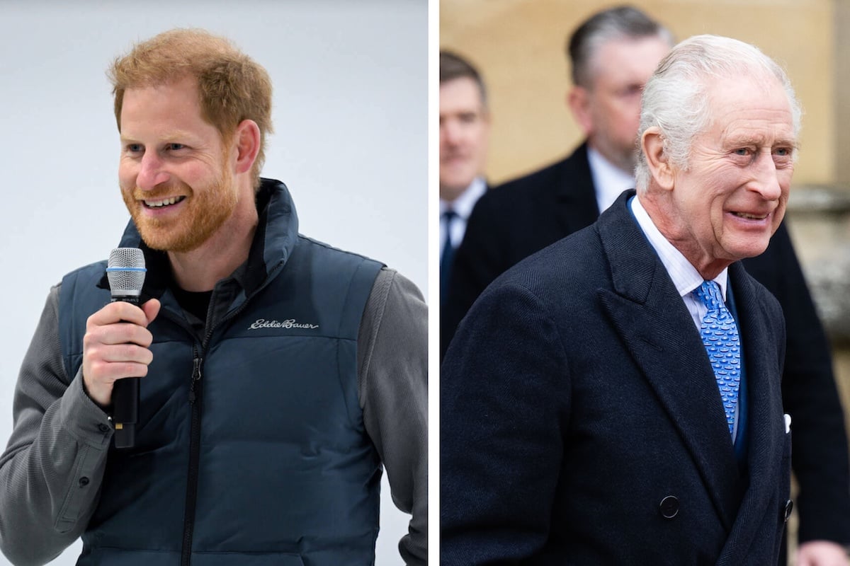 Prince Harry, who is reportedly having a short visit with King Charles in May 2024, holds a microphone; King Charles smiles