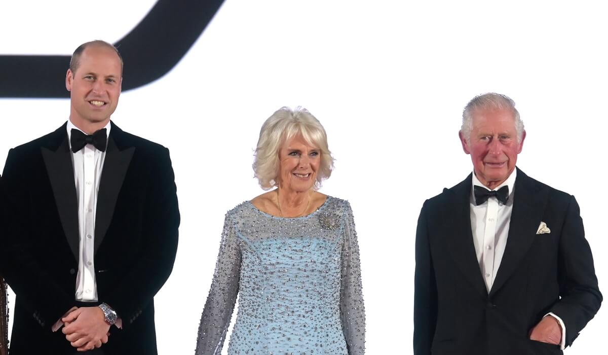 Prince William, Camilla Parker Bowles, and now-King Charles III attend the "No Time To Die" world premiere in London