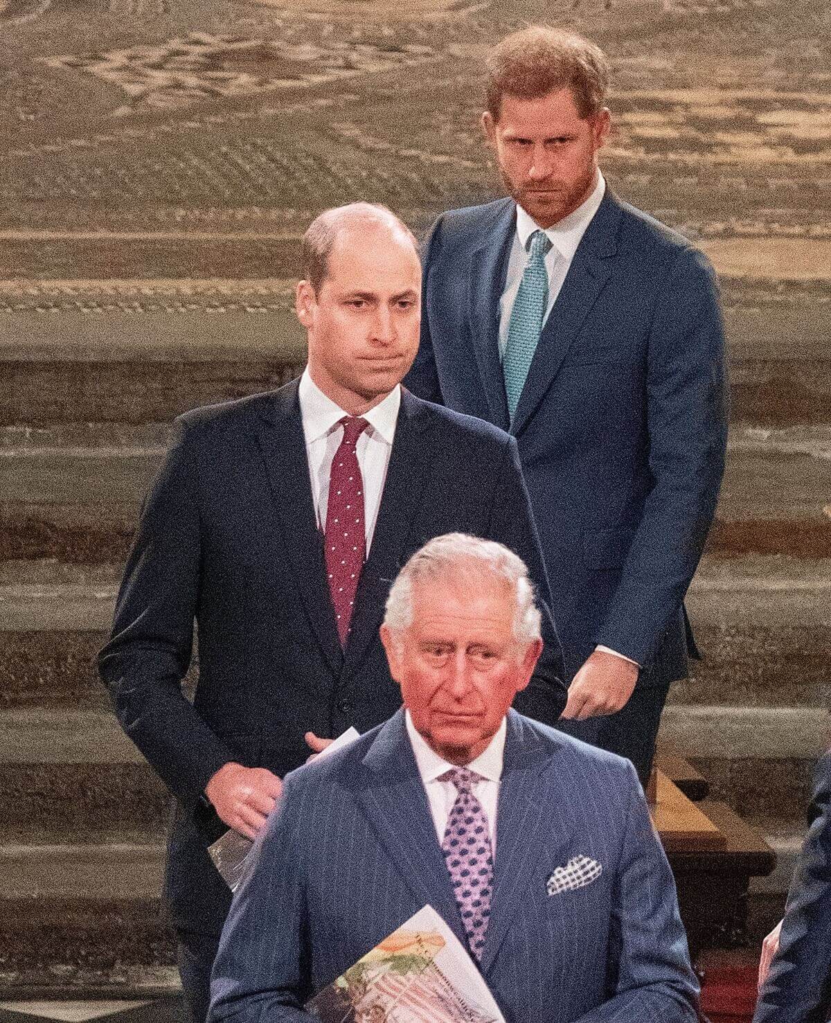 Prince William, Prince Harry, and now-King Charles depart from Westminster Abbey after a Commonwealth Service