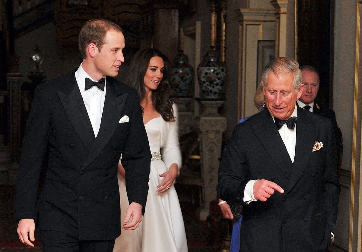 Prince William, then-Prince Charles, and Kate Middleton prior to Will and Kate's evening wedding reception at Buckingham Palace