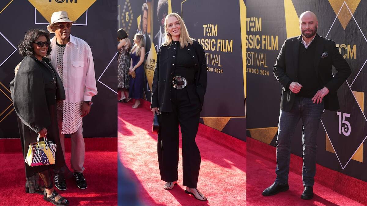 Pulp Fiction stars Samuel L. Jackson, Uma Thurman, and John Travolta each pose alone on the red carpet