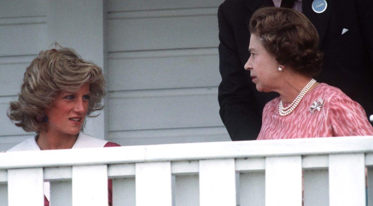 Queen Elizabeth II and Princess Diana talking at a Polo Club in Windsor (circa 1984)
