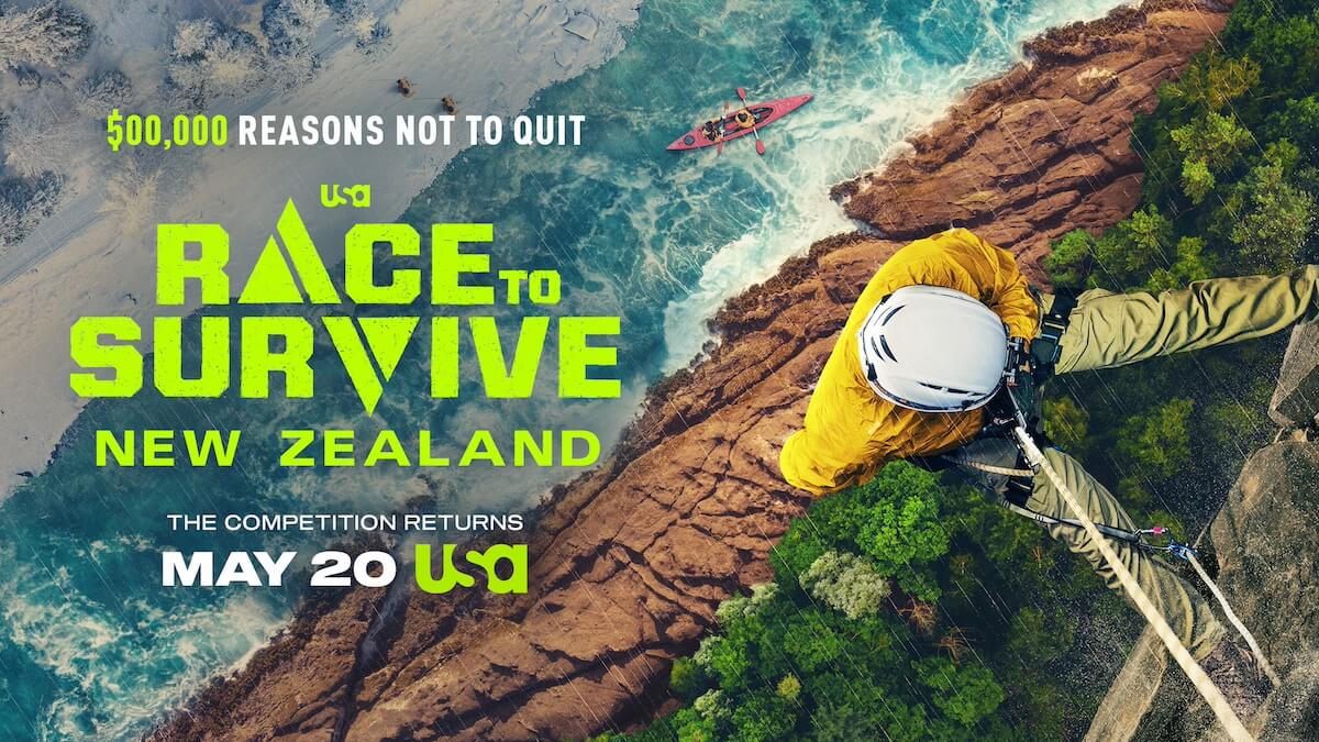 Key art for 'Race to Survive: New Zealand' of a person climbing rocks with water below