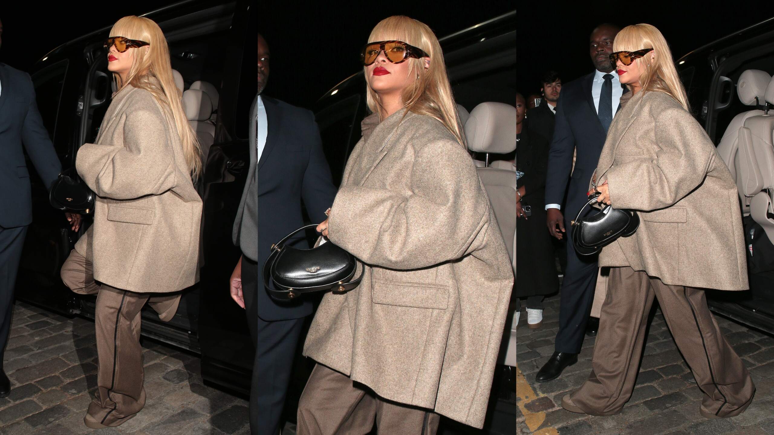 Singer Rihanna exits her vehicle in a beige outfit before entering the FENTY x PUMA Creeper Phatty Launch Party