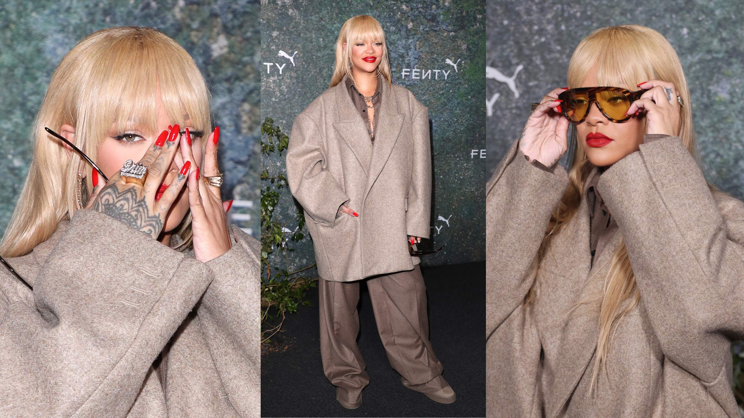Singer Rihanna poses in a beige outfit on the red carpet at the FENTY x PUMA Creeper Phatty Launch Party