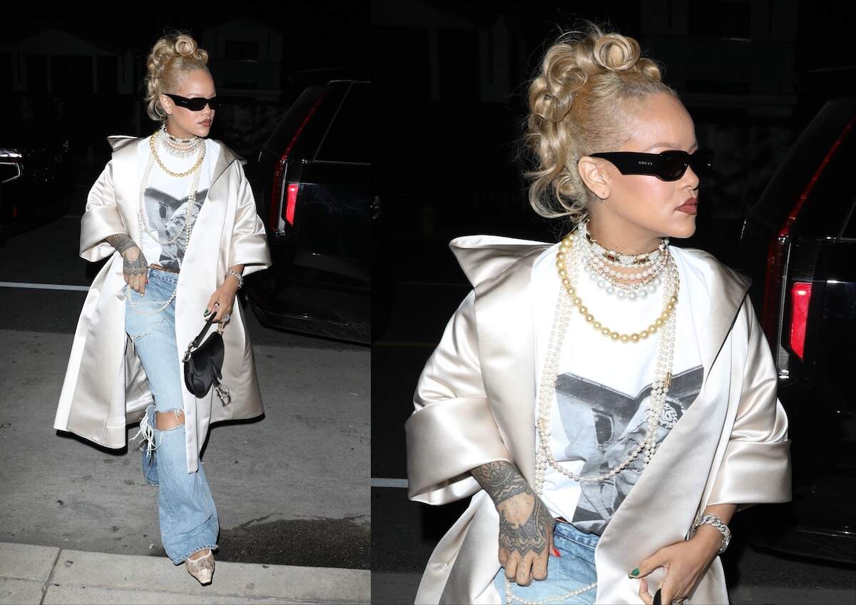 Singer Rihanna wears pearl necklaces and baggy jeans with blonde hair as she enters a restaurant in Santa Monica