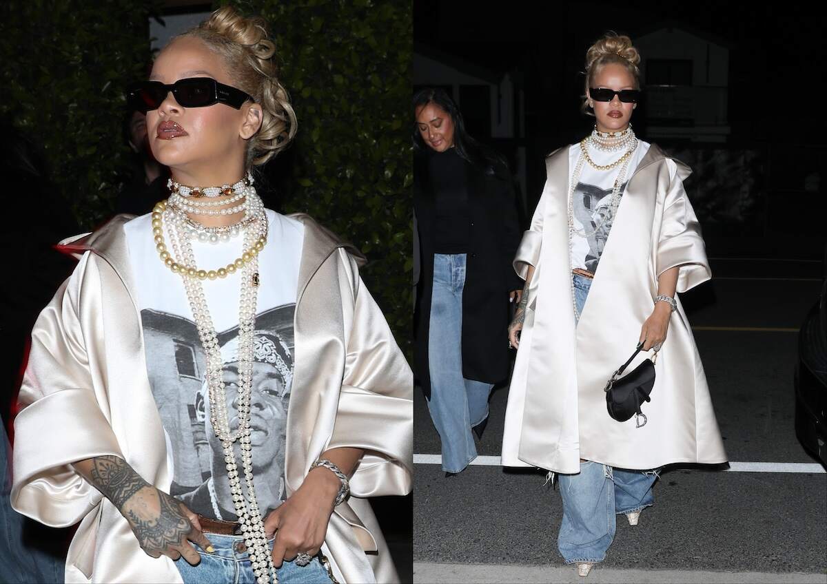 Singer Rihanna wears pearl necklaces and baggy jeans with blonde hair as she enters a restaurant in Santa Monica