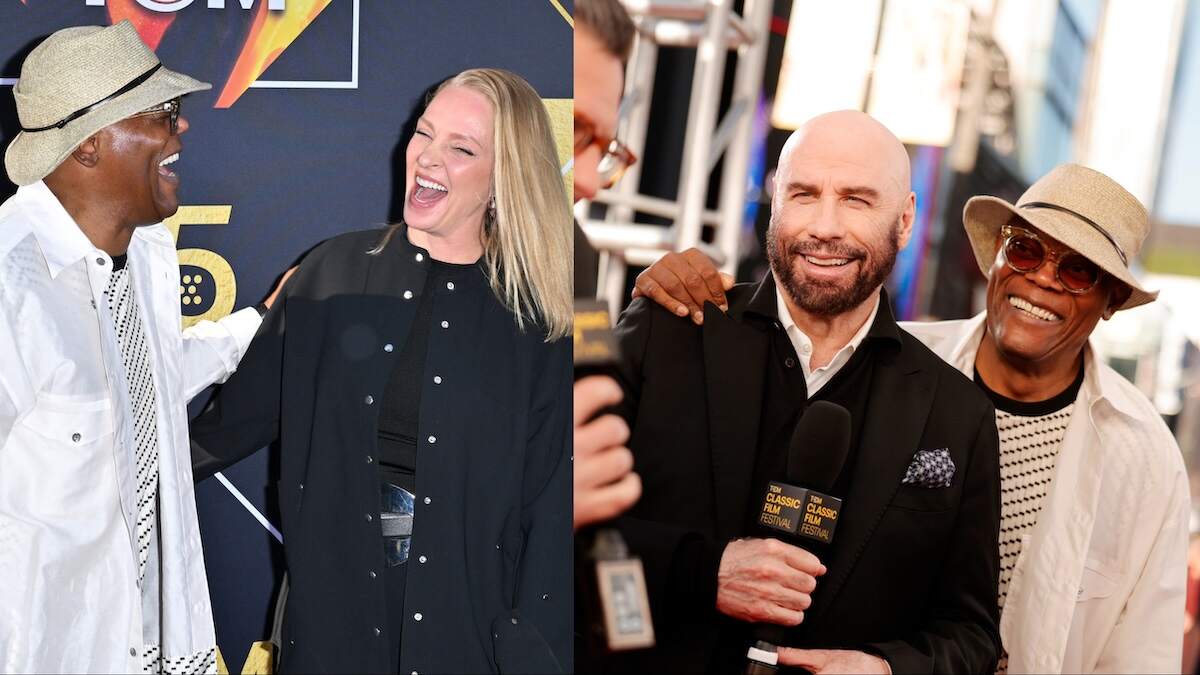 Pulp Fiction stars Samuel L. Jackson. Uma Thurman, and John Travolta laugh together on the red carpet