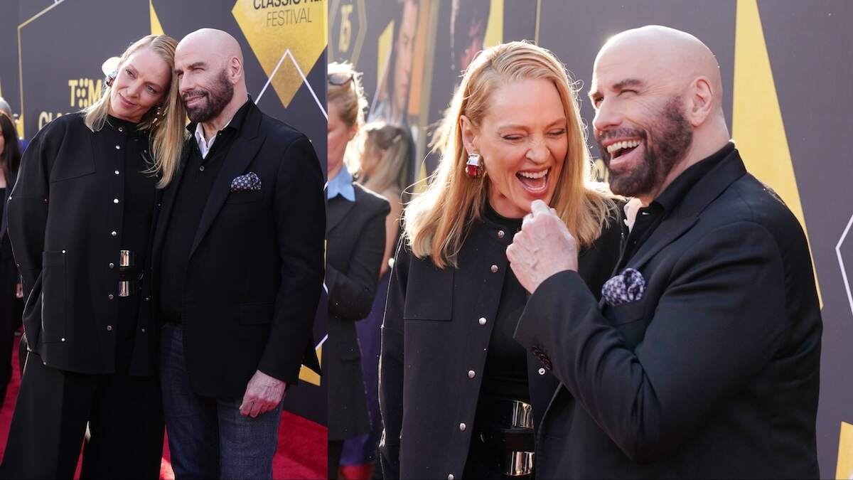 Pulp Fiction stars Uma Thurman and Jon Travolta laugh together on the red carpet of the 2024 TCM Classic Film Festival Opening Night