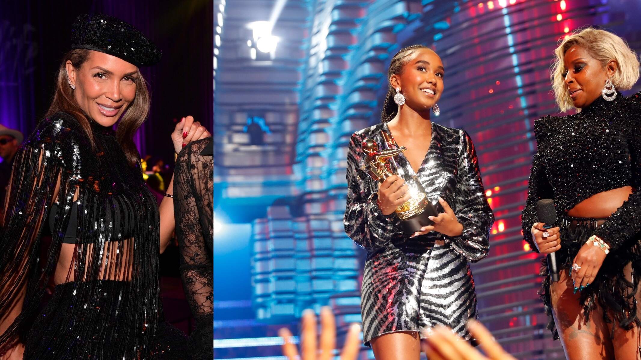 A photo of Sarah Chapman in a black outfit alongside a photo of Chance Combs in a zebra stripe dress on a stage