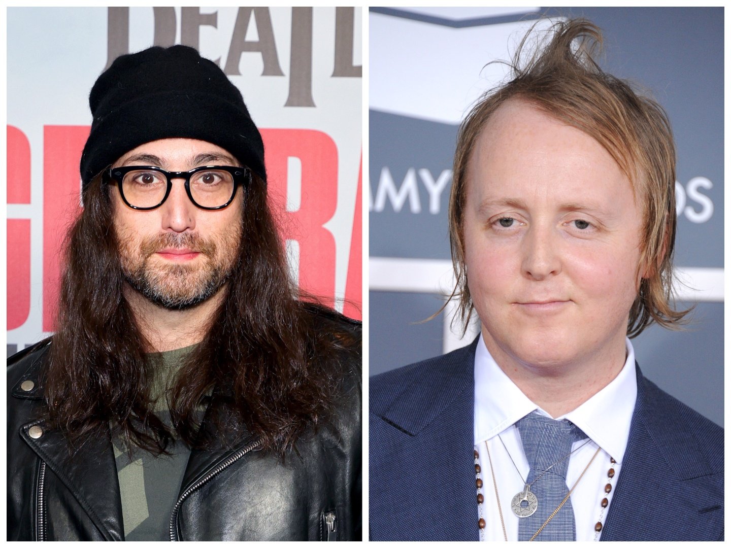 John Lennon's son Sean Lennon Ono wears a black hat and glasses. Paul McCartney' son James McCartney wears a blue suit with a necklace.