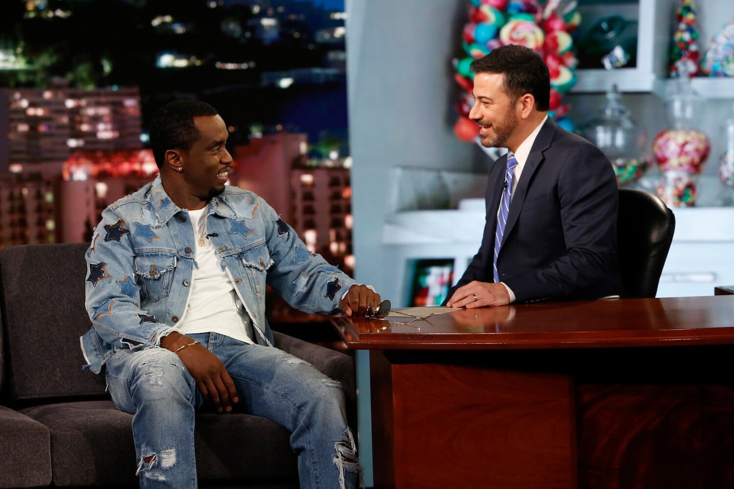 Sean 'P. Diddy' Combs laughing next to Jimmy Kimmel on 'Jimmy Kimmel Live!'