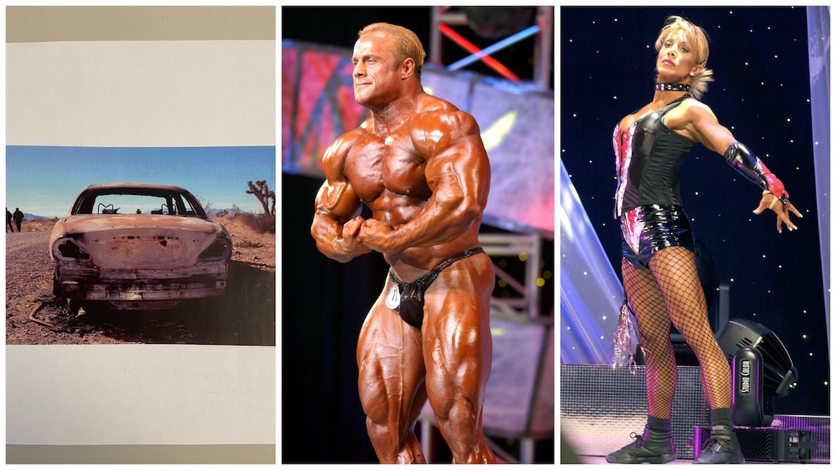 Composite image of a burned out car and Craig Titus and Kelly Ryan competing in bodybuilding contests