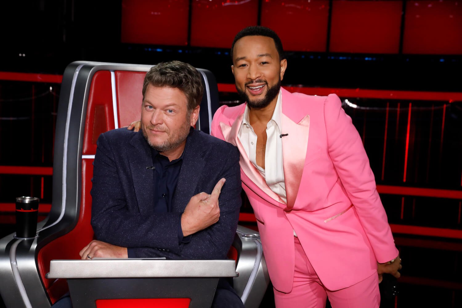 Blake Shelton pointing to John Legend on 'The Voice'