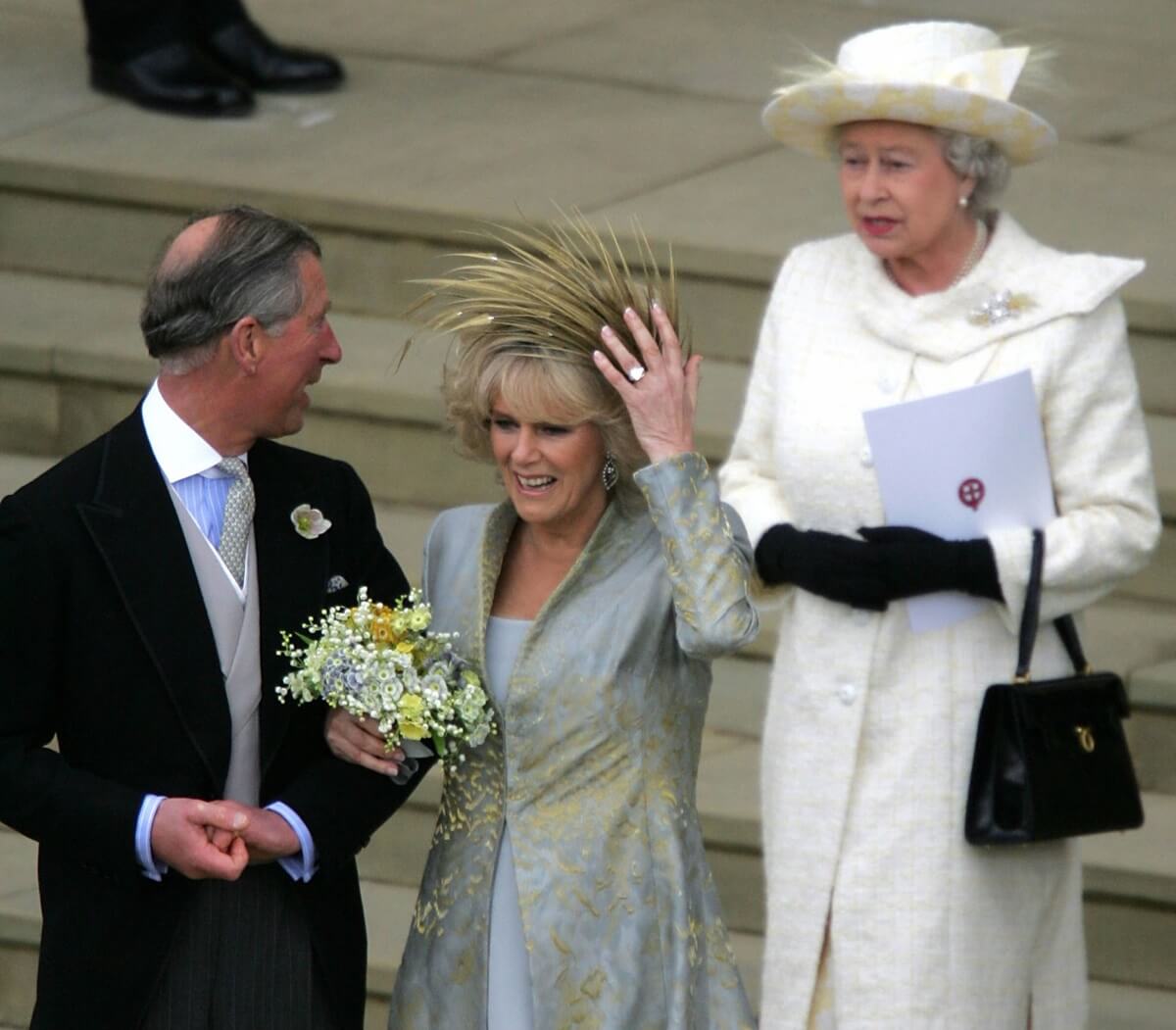 Then-Prince Charles, Camilla Parker Bowles, and Queen Elizabeth II, leave the Service of Prayer and Dedication