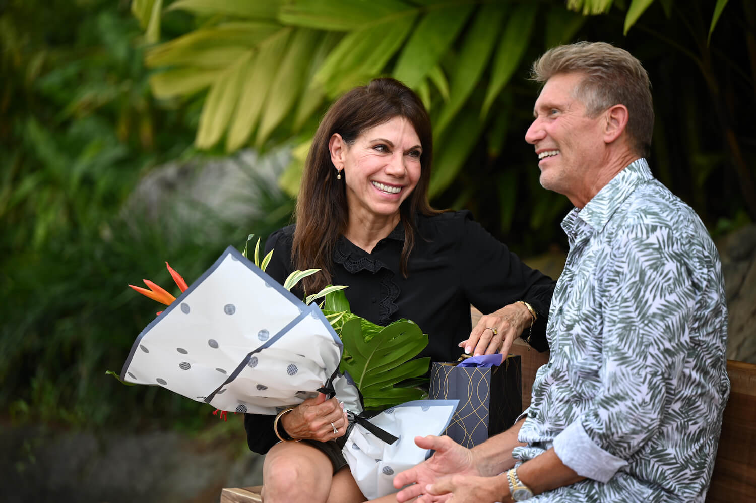 Theresa Nist and Gerry Turner sitting next to each other and smiling on 'The Golden Bachelor'