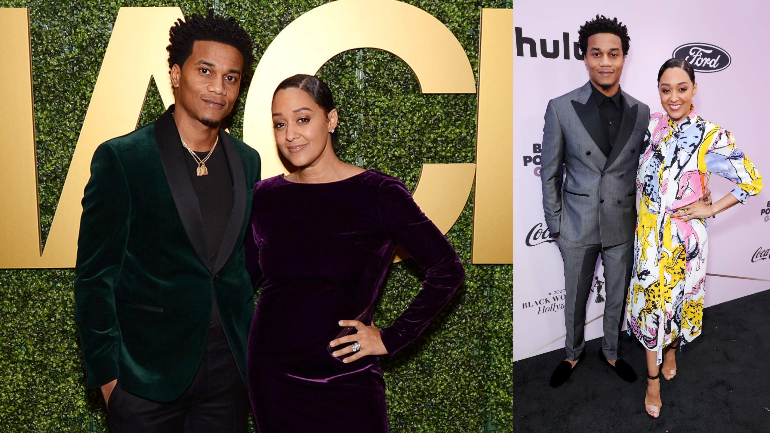 Wearing a green tuxedo, Cory Hardrict attends the 2020 MACRO Pre-Oscar Party with his then-wife Tia Mowry