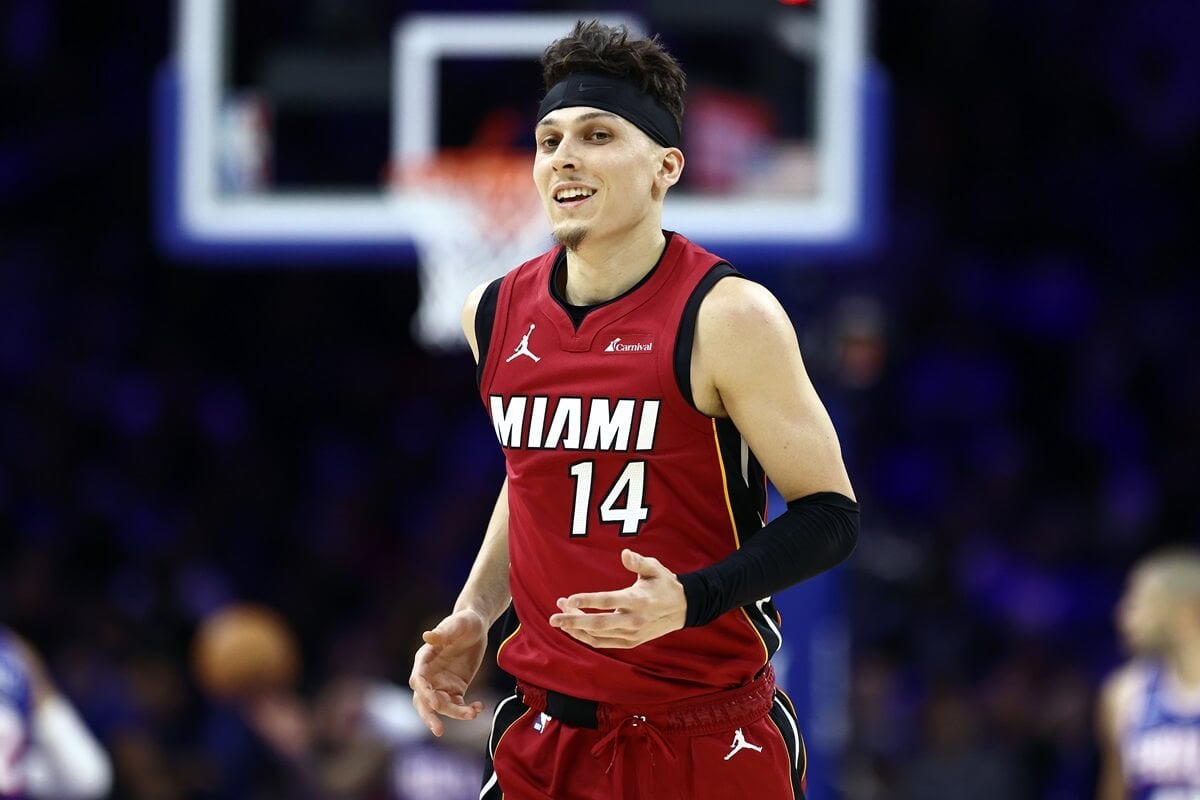 Tyler Herro reacts after scoring in an game against the Philadelphia 76ers during the Play-In Tournament