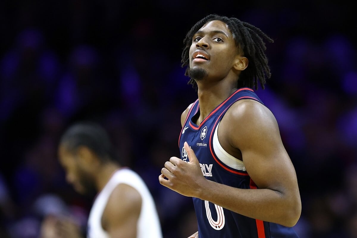 Tyrese Maxey of the Philadelphia 76ers looks on in a game against the LA Clippers