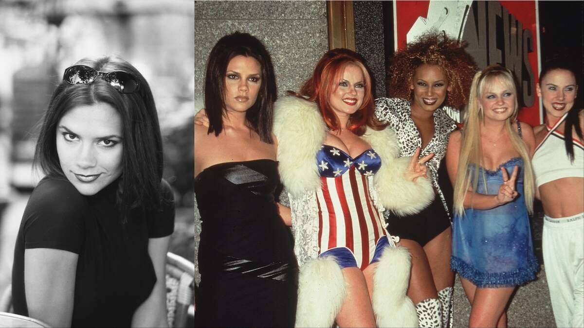 A black and white photo of Victoria Beckham in 1996 alongside a photo of the five Spice Girls at the MTV Awards