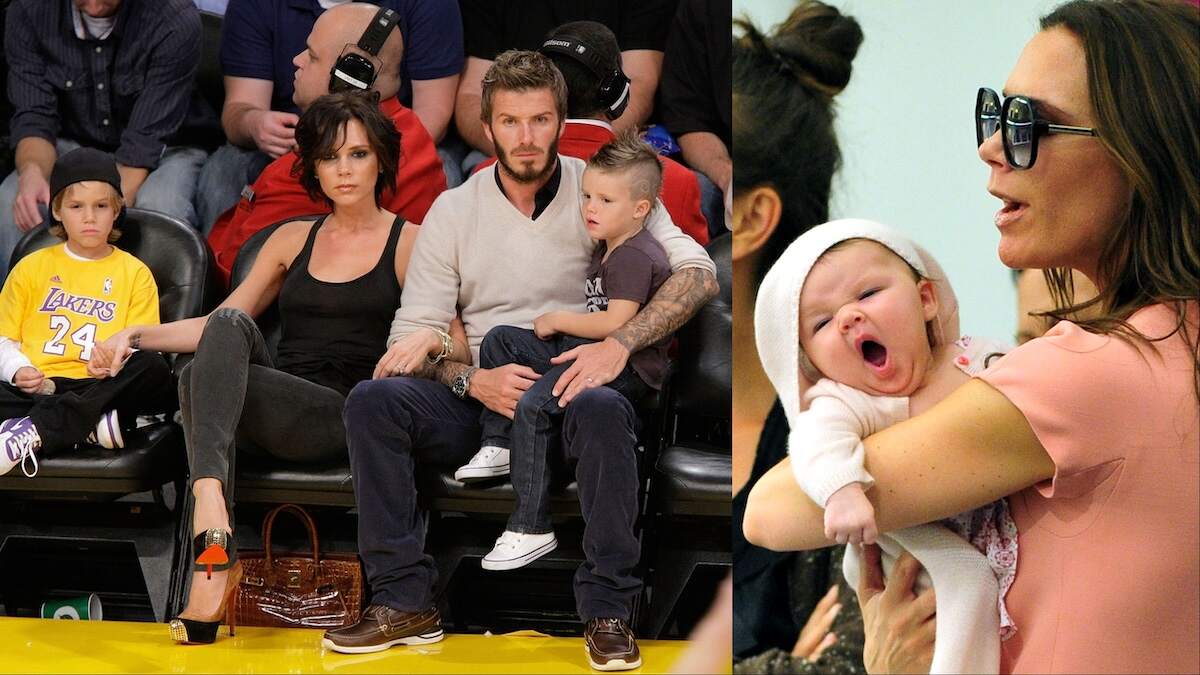 The Beckham family attends a Lakers game and Victoria Beckham holds her daughter, Harper