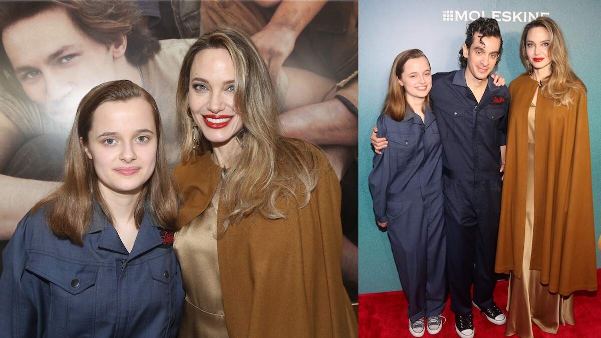 Angelina Jolie, Vivienne Jolie-Pitt, and Justin Levine stand together on the red carpet and pose for a photo