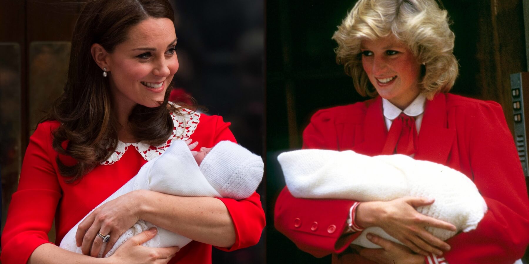 Kate Middleton carries her newborn son Prince Louis, and Diana, Princess of Wales, carries Prince Harry (R) as they each leave the Lindo Wing of St Mary's Hospital.