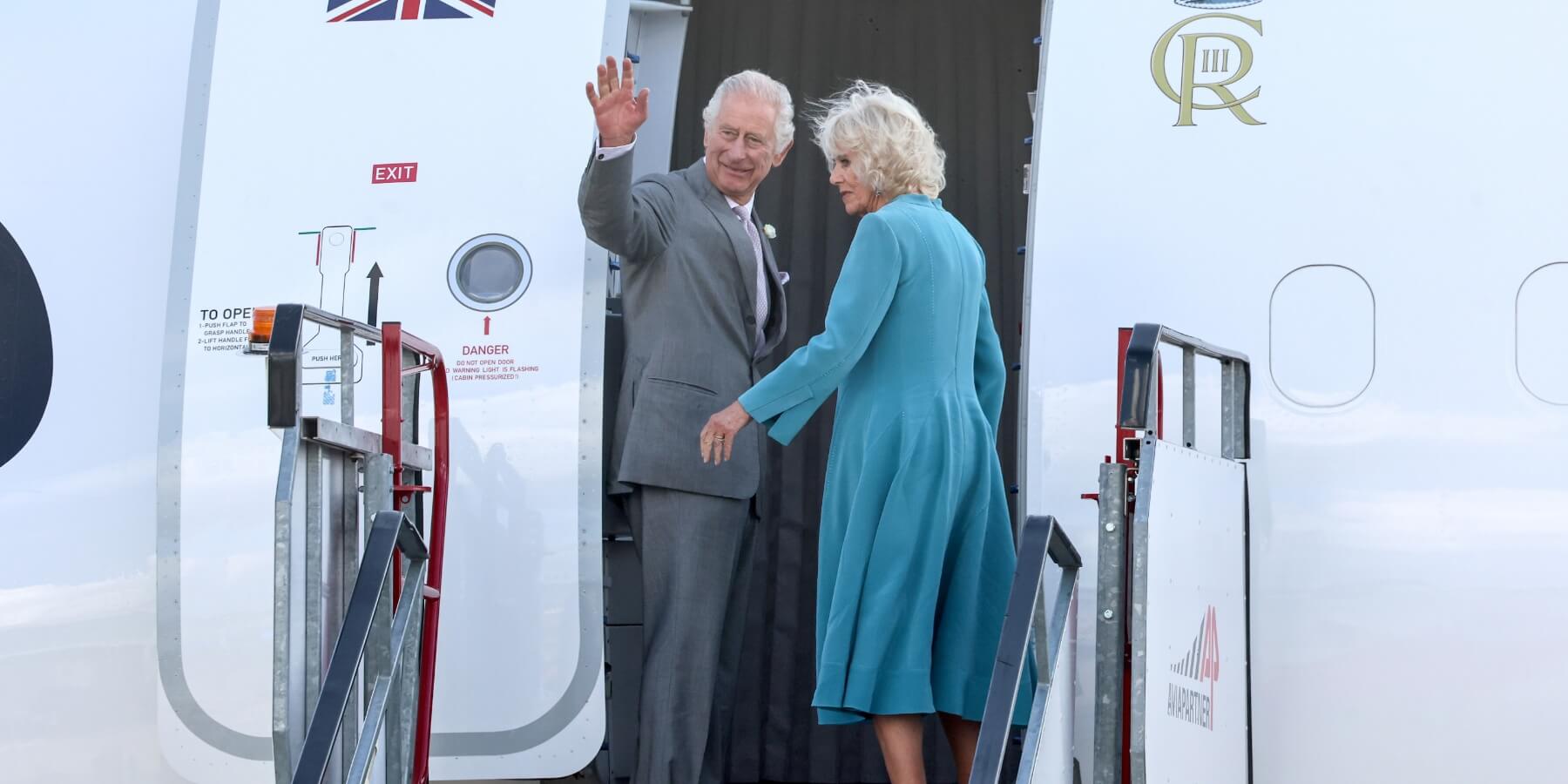 King Charles and Camilla Parker Bowles board an airplane during a visit to France in 2023