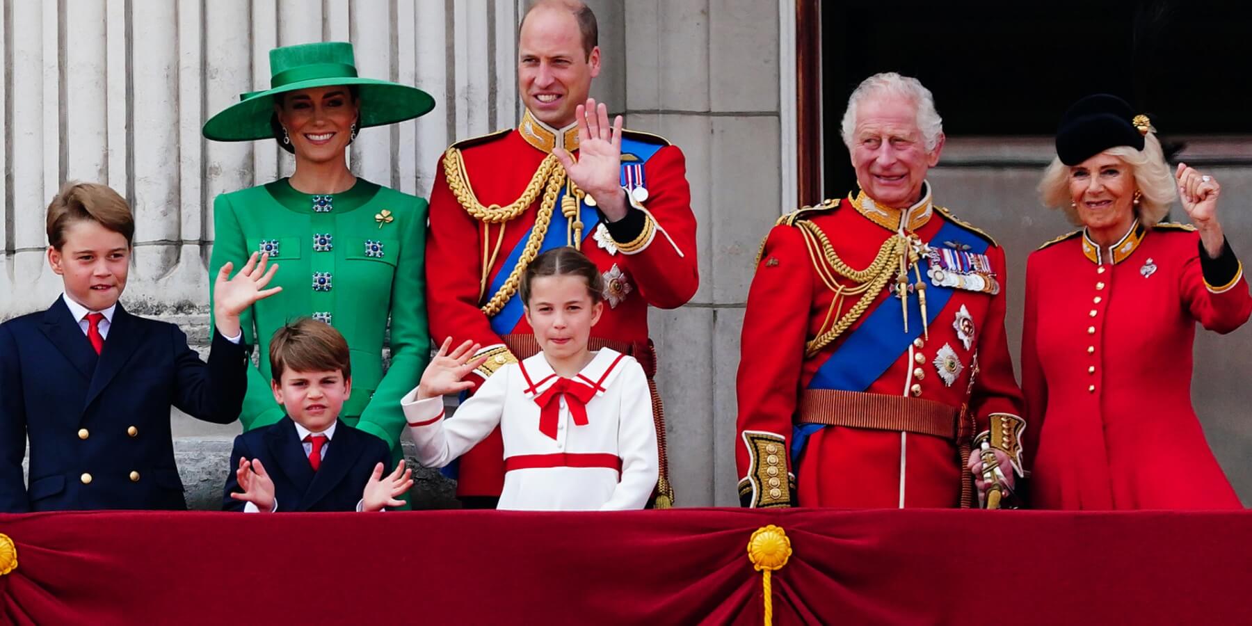 Prince George, Kate Middleton, Prince Louis, Princess Charlotte, Prince William, King Charles, and Camilla Parker Bowles photographed in 2023