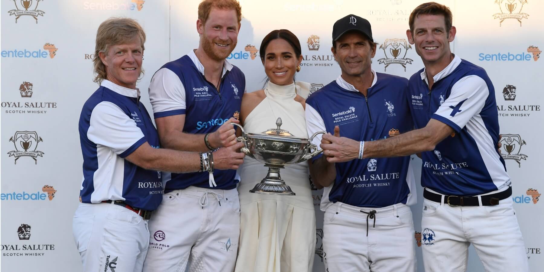 Dana Barnes, Prince Harry, Duke of Sussex, Meghan, Duchess of Sussex, Adolfo Cambiaso and Malcolm Borwick during the Royal Salute Polo Challenge benefitting Sentebale at Grand Champions Polo Club on April 12, 2024