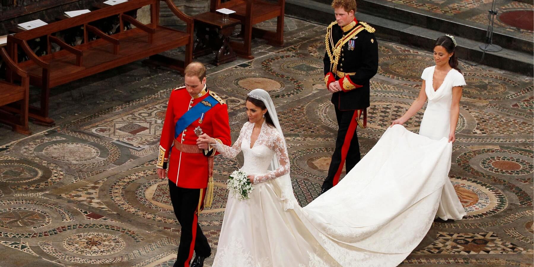 Prince William, Kate Middleton, Prince Harry and Pippa Middleton in 2011 where Pippa's dress made as much of a splash as her sister's.