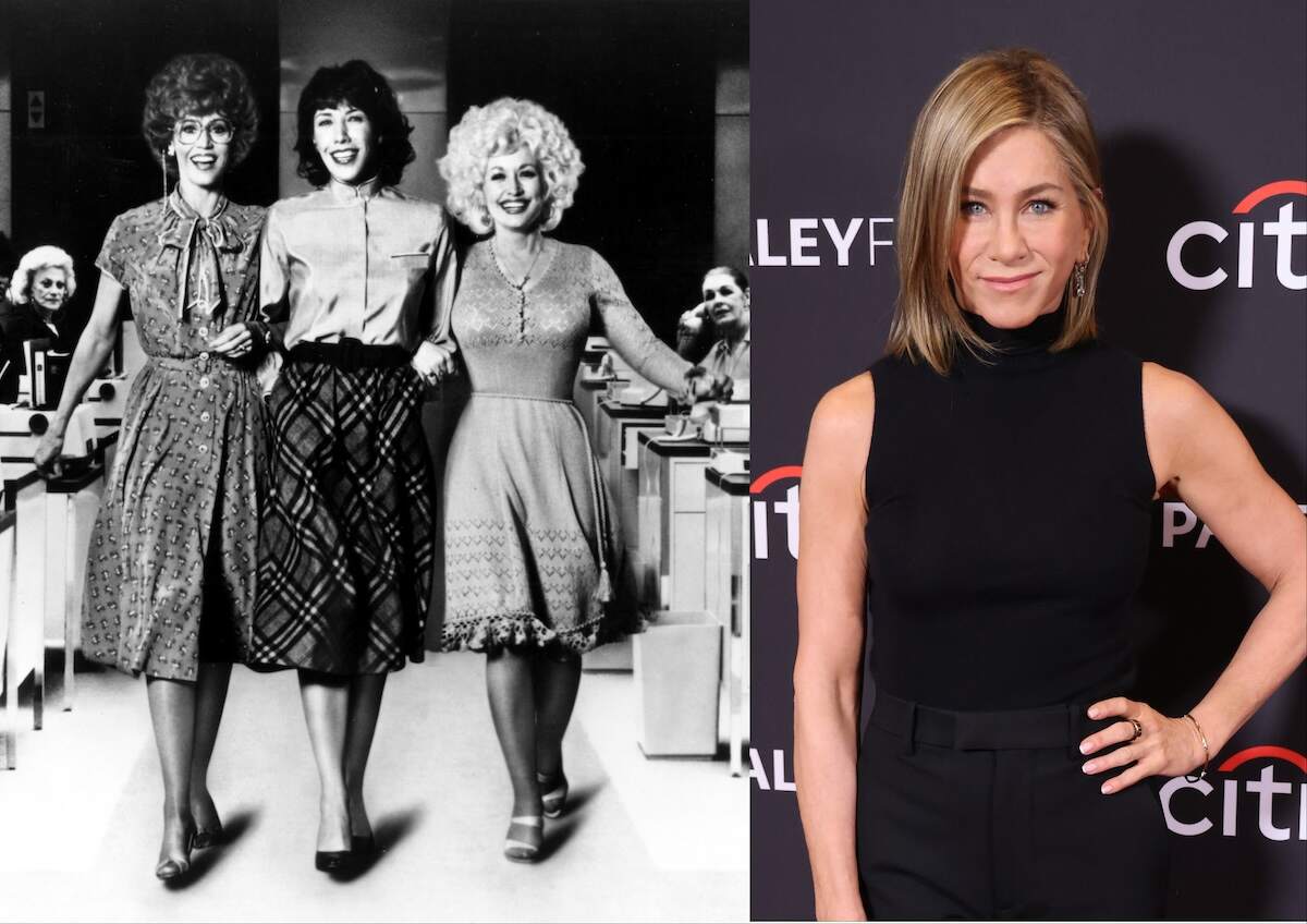 A photo of the original 9 to 5 cast alongside a photo of Jennifer Aniston in a black top